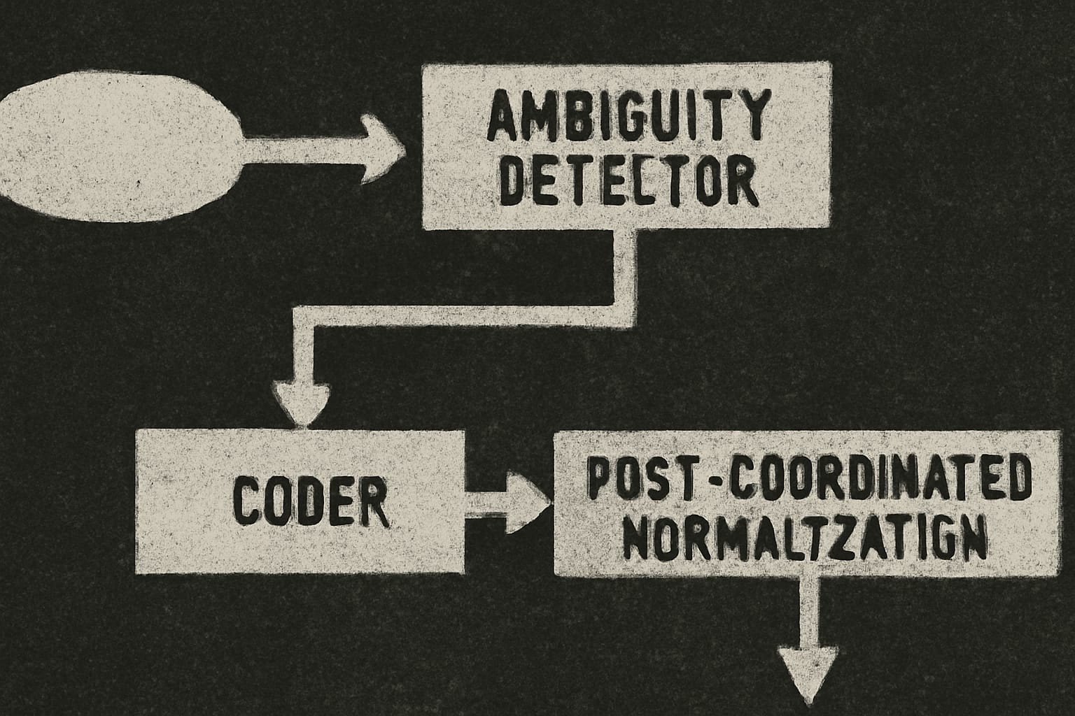 Editorial illustration in duotone-documentary style depicting an incoming SNOMED concept passing through an ambiguity detector into coder, fallback, and normalization branches