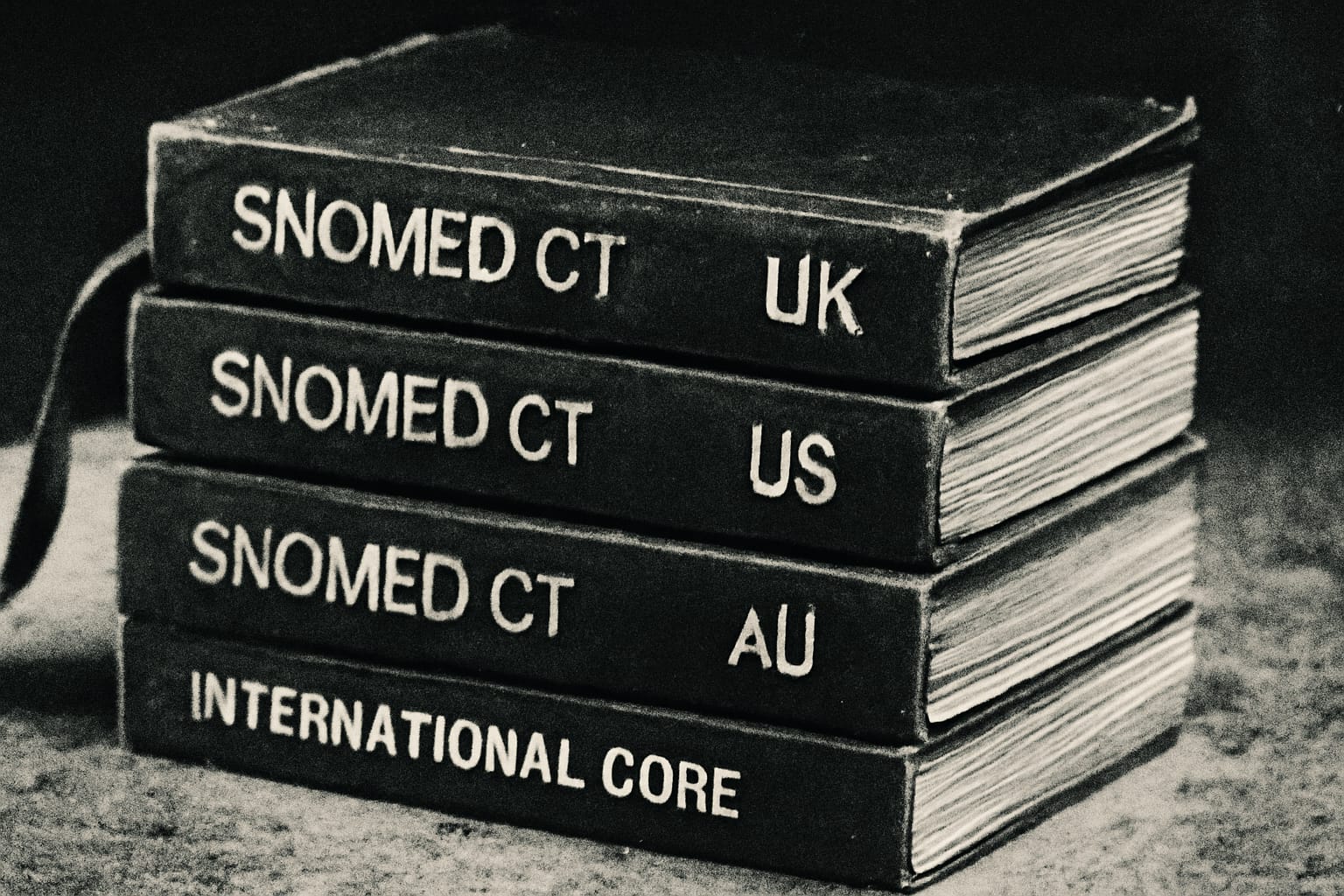 Editorial illustration in duotone-documentary style depicting stacked SNOMED CT edition layers over an international core bound to per-language reference sets