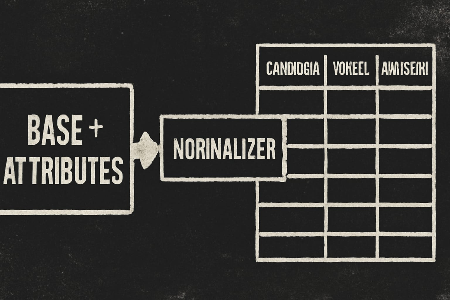 Editorial illustration in duotone-documentary style depicting a post-coordinated SNOMED expression flowing through a normalizer into indexed canonical rows